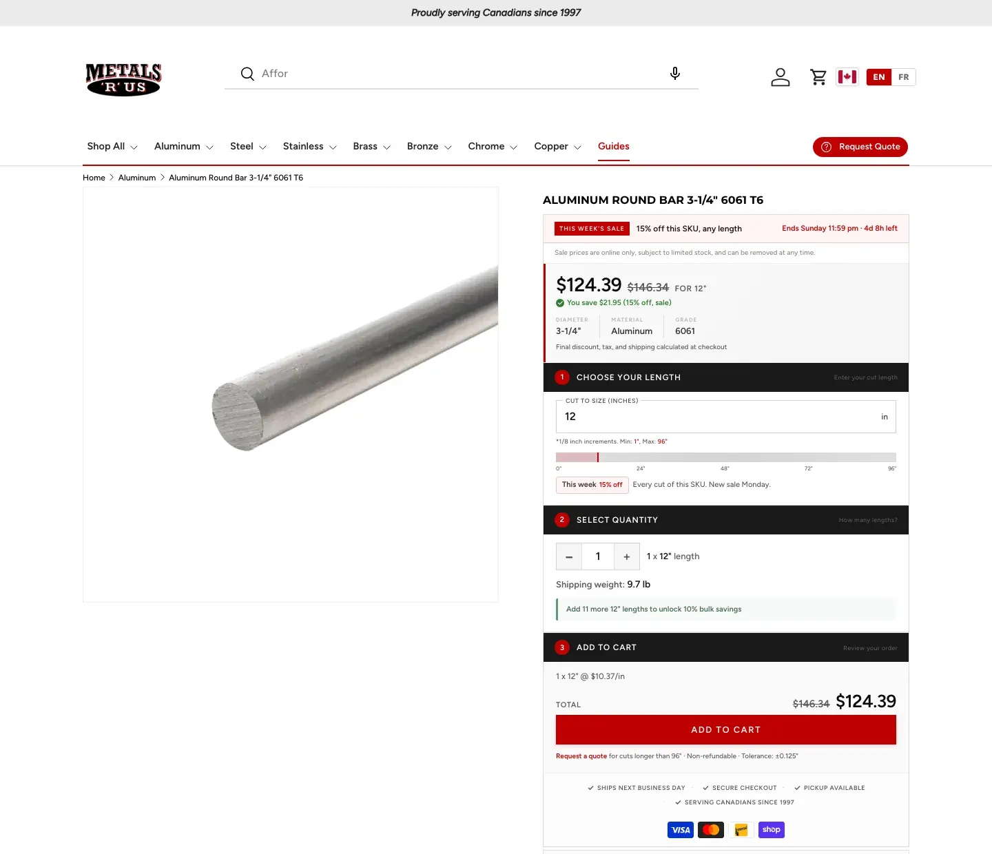 A Metals R Us product page, priced by the inch